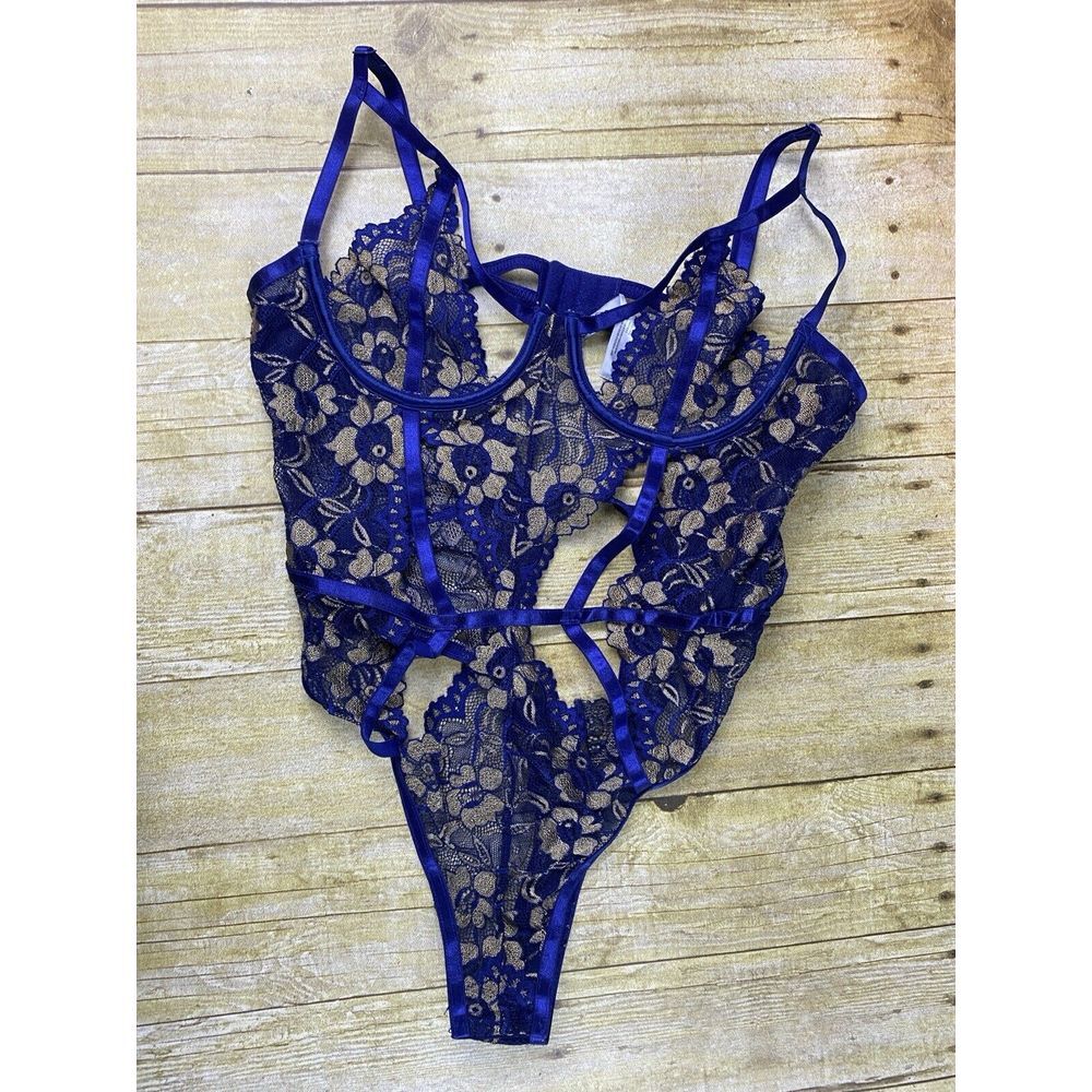Lace Floral Bodysuit Chemise - Royal Blue